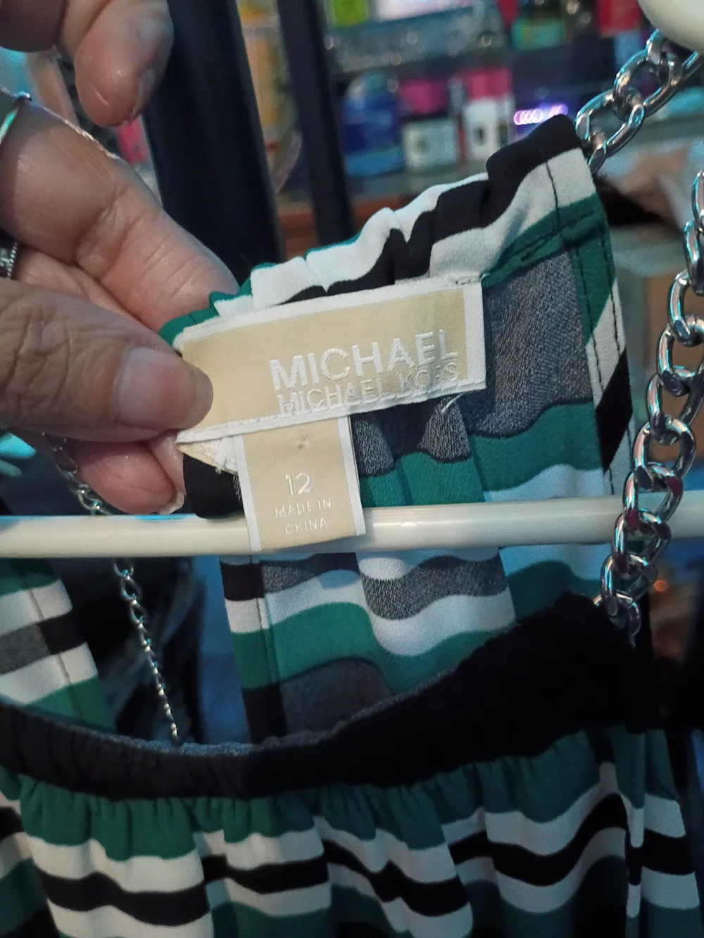 Michael Kors Black Green White Striped Chain-Shoulder Tank